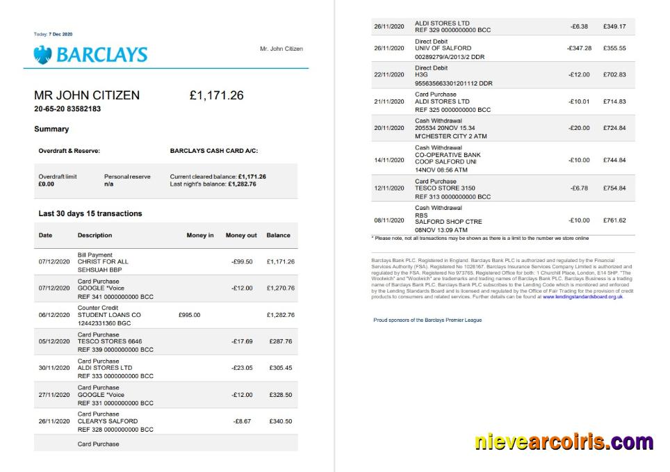 United Kingdom Barclays bank statement in Word and PDF format, version 3 (2 pages)